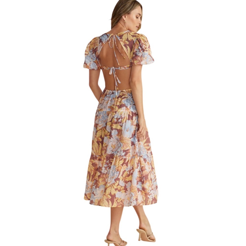⚫️ MinkPink Floral Midi Dress in Blue and Brown Size Medium-New w/ Tags